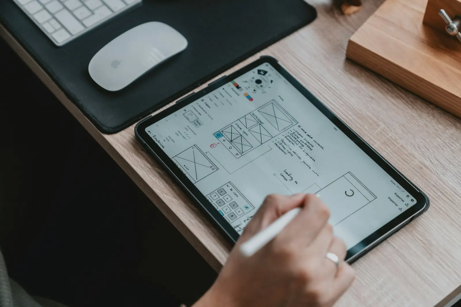 Designer sketching company profile layouts on a tablet